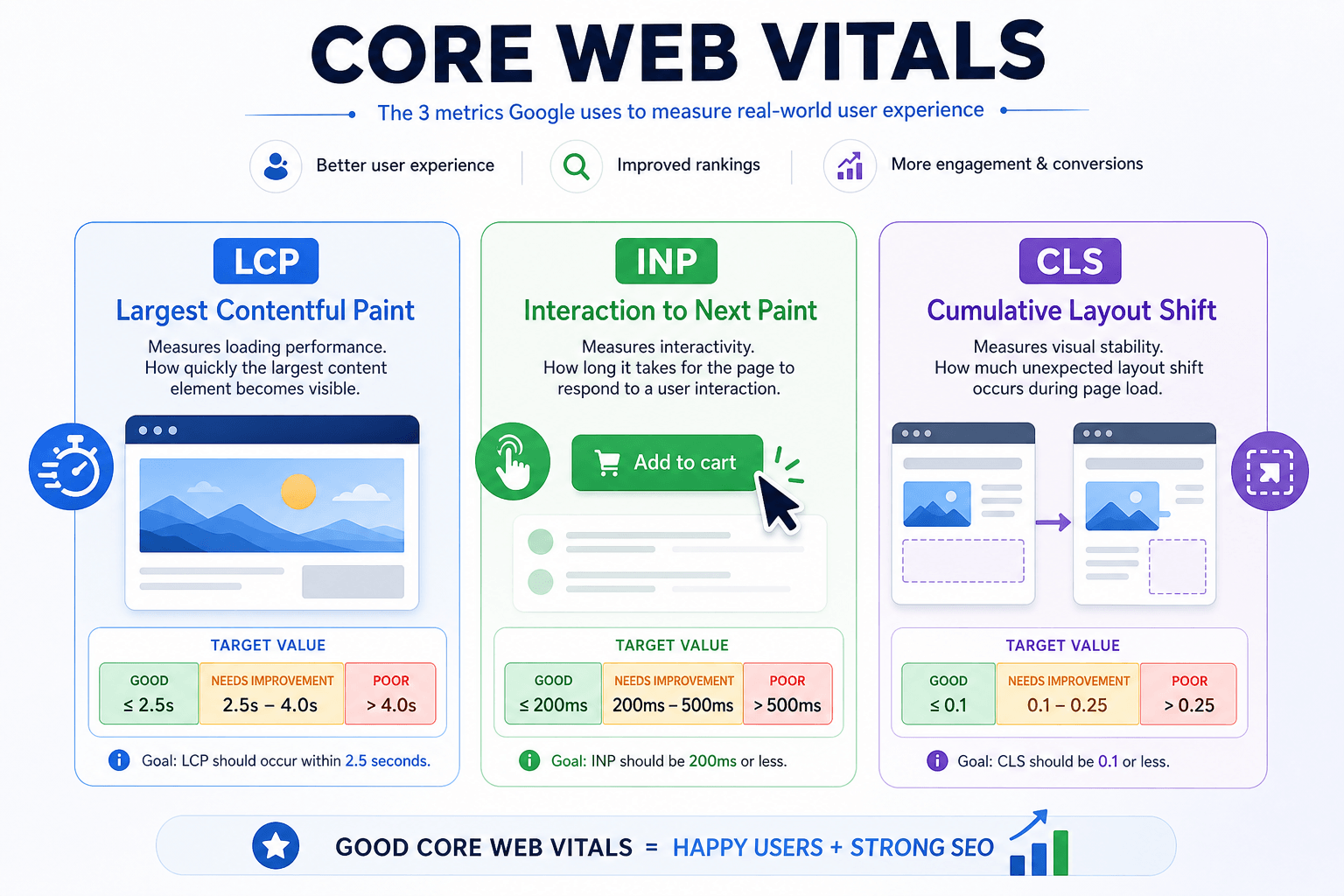 Core Web Vitals explained — LCP loading, INP interactivity, and CLS visual stability thresholds